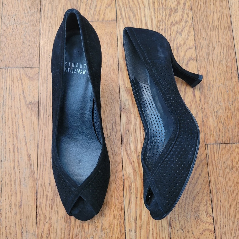 Stuartβ Weitzman 6.5N Pumps Black Perforated Suede Leather Peep Toe CROSSOVER